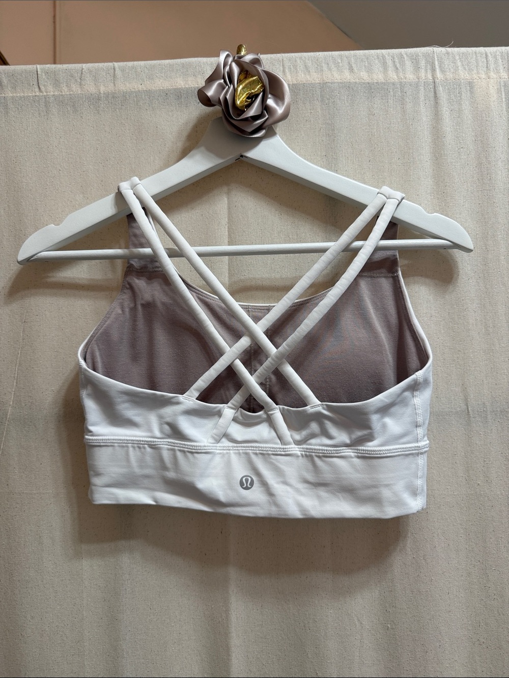lululemon athletica White Sports Bra with Taupe Lining and Crisscross Straps